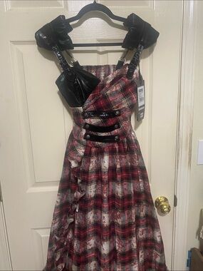 Punk Rave Red Plaid Maxi Dress with Faux Leather Straps